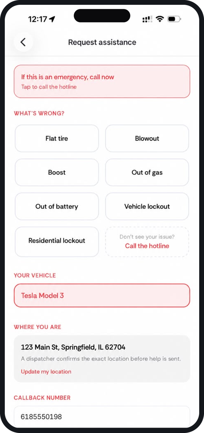 Request assistance screen: what is wrong, your vehicle, where you are and a callback number