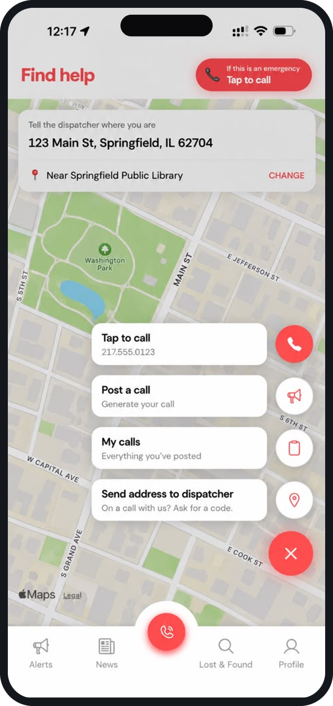 Find help screen: the address the dispatcher will see, with Tap to call, Post a call, My calls and Send address to dispatcher