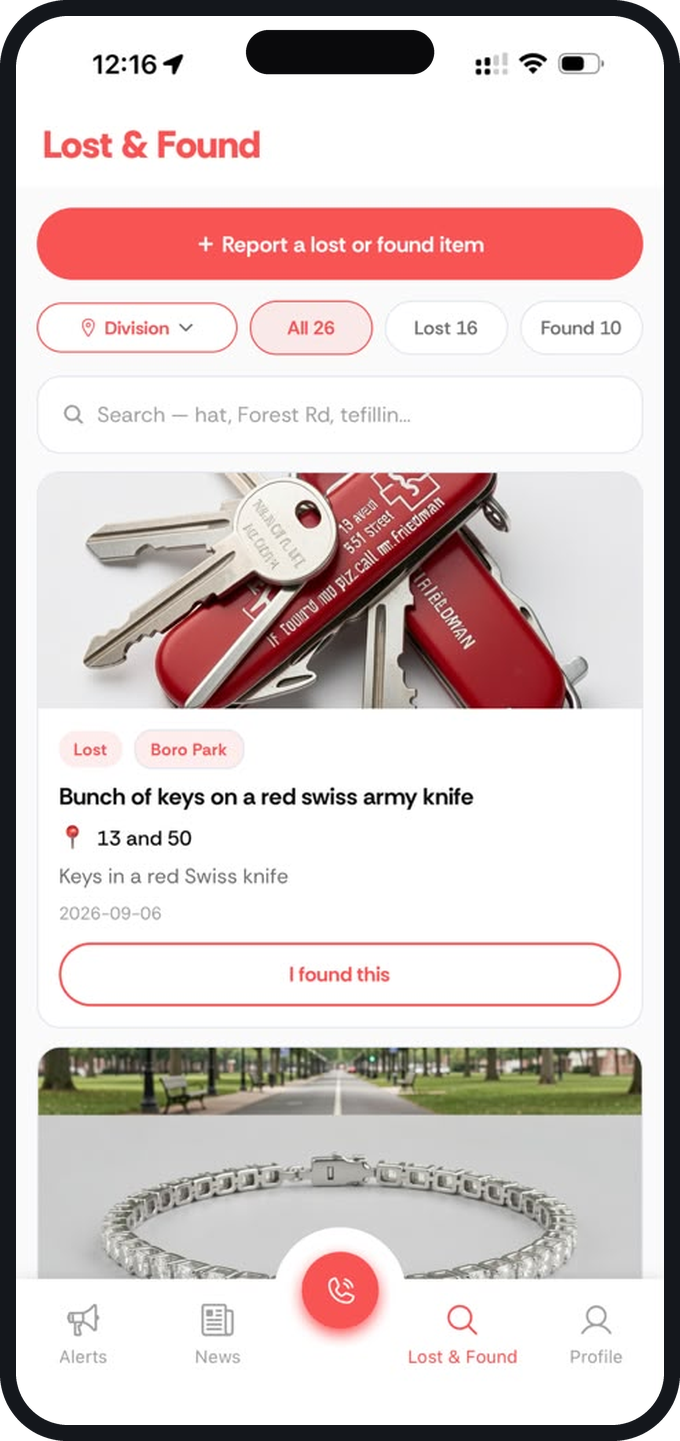 Lost and Found screen: report an item, or browse what has been lost and found